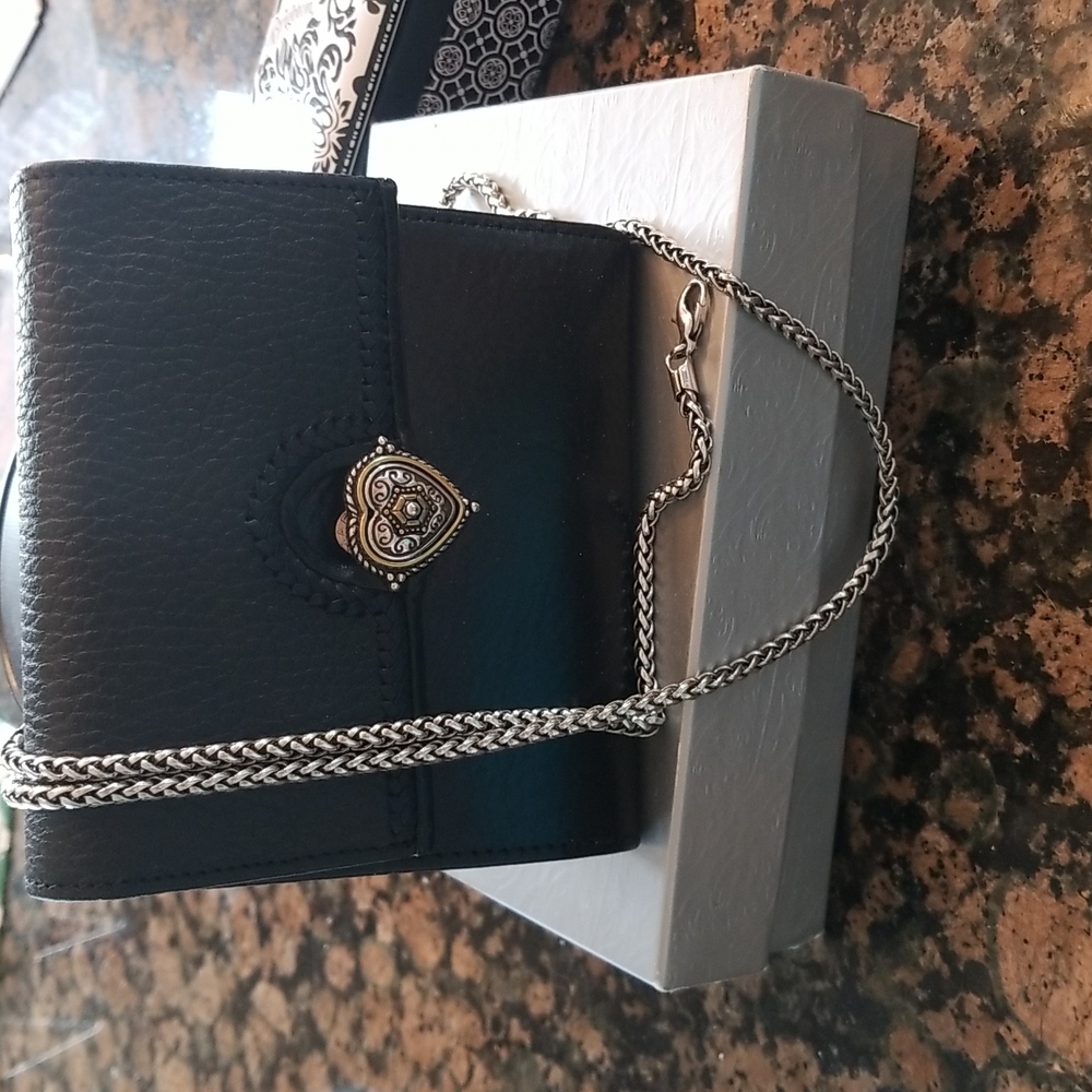 Brighton Crossbody Wallet Black Pebbled Leather with Chain Strap NWOT